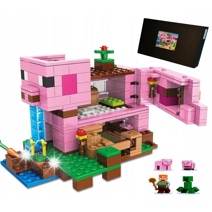 Set de constructie Minecraft, 512 elemente, figurine, roz, 14x10x13cm