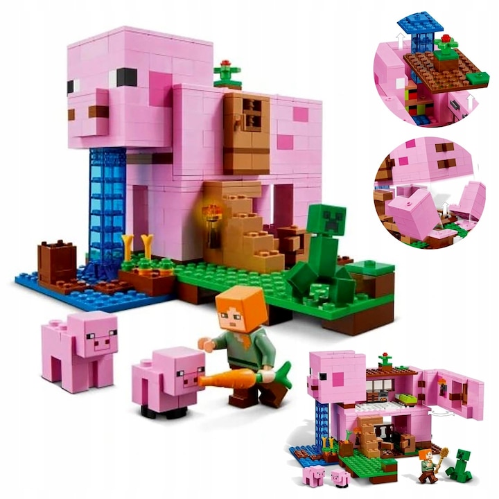 Set de constructie Minecraft, 512 elemente, figurine, roz, 14x10x13cm ...