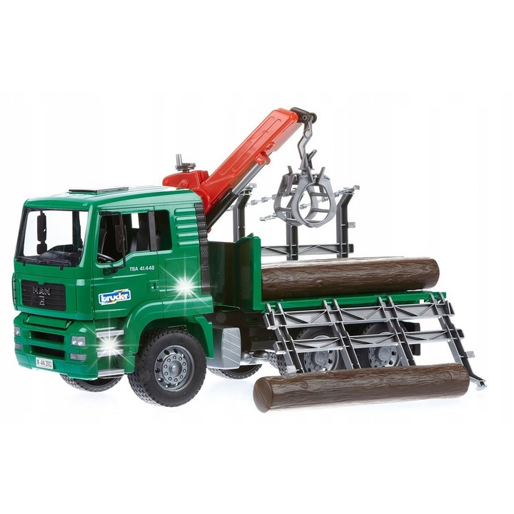 Camion de jucarie Bruder MAN cu macara si trunchiuri, 1:16, negru, gri, verde