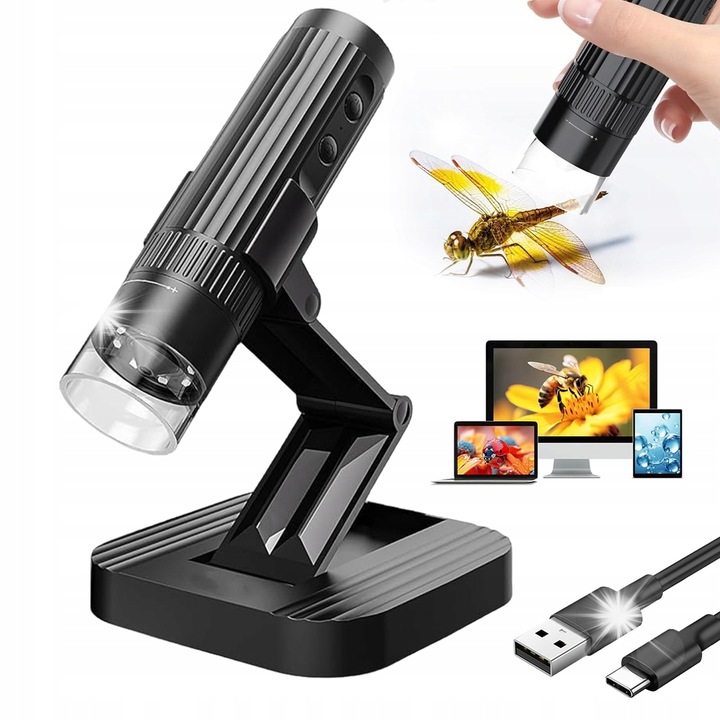 Дигитален микроскоп 50x-1000x, Full HD, черен, пълен комплект със стойка и USB кабел