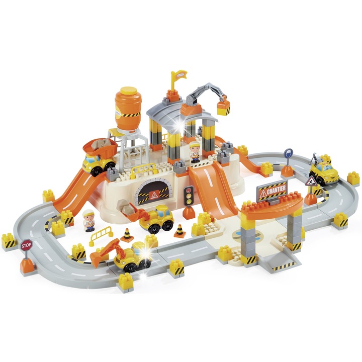 Seturi de constructie Ecoiffier Abrick, plac de constructie mare, 4 vehicule, dimensiuni 71x109,5cm