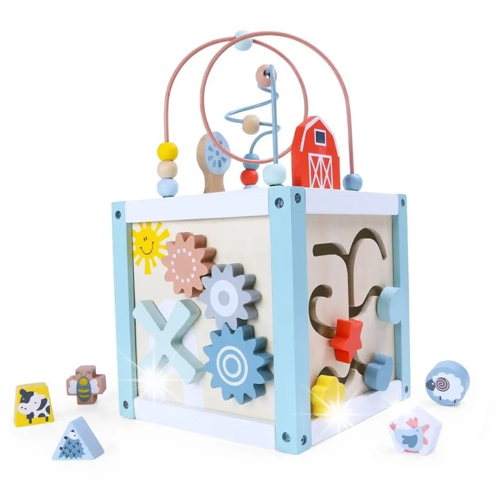 Образователен дървен куб Ecotoys, сортер с блокчета, 20x20x20 см, за деца над 12 месеца