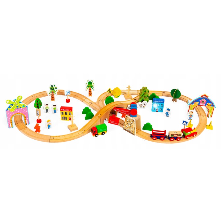 Trenulet de jucarie, Ecotoys, set 74 elemente, 3 masinute, tunel, 102x45cm