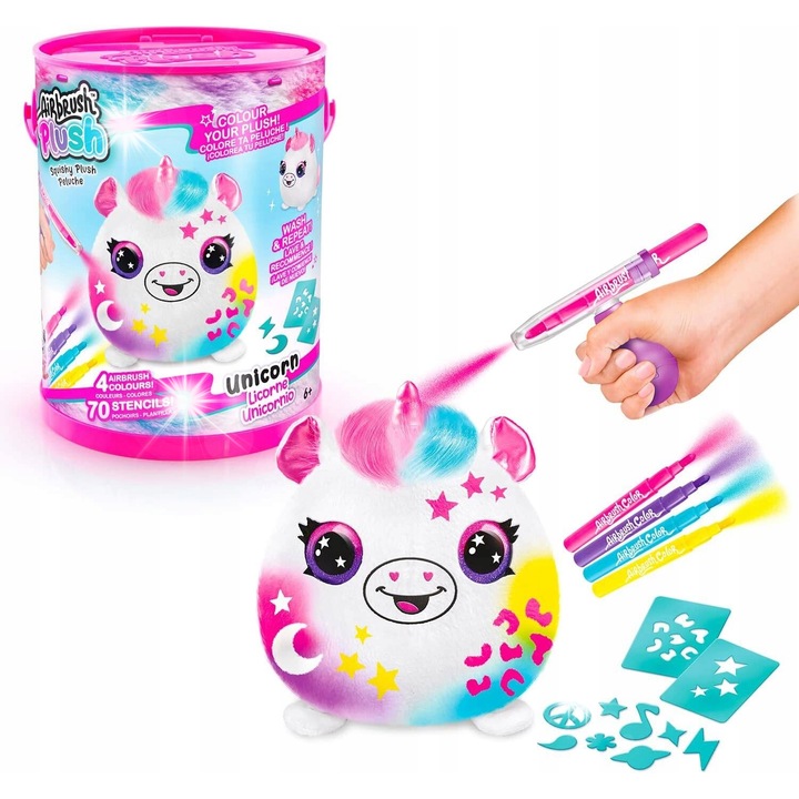 Set de plus Airbrush cu aerograf, Canal Toys, unicorni, 1 mascote, 4 markere colorate, 70 sabloane