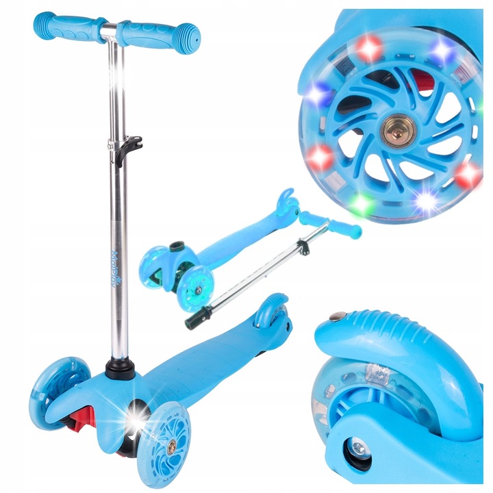 Gyermek roller, Elektrostator, LED KEREKEK, 3 kerék, kék, 51-68cm, 50kg-ig