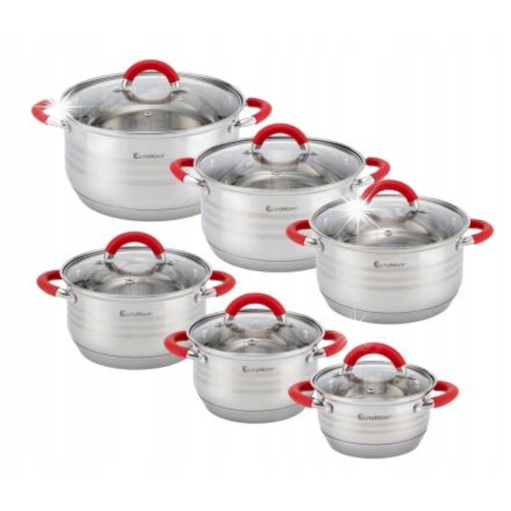 Set oale din inox Elitehoff, 6 piese, 1.1-6.5L, cu capac din sticla, pentru toate tipurile de plite