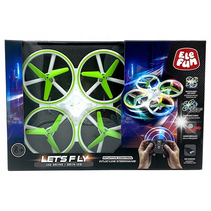Drona, Elefun LED, 3 viteze, alb-verde, acrobatii 360, pentru incepatori