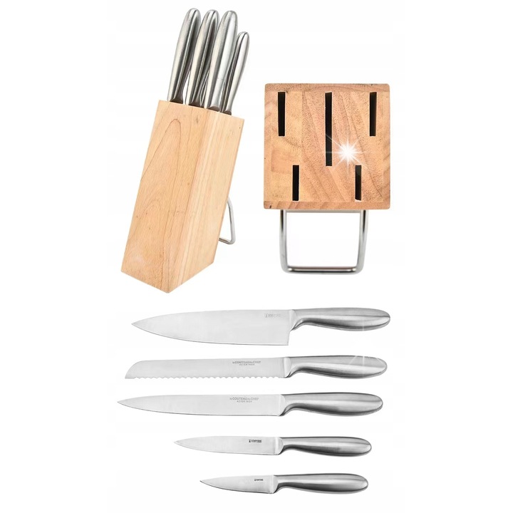 Set de 5 cutite din otel inoxidabil cu bloc, Elitehoff, design modern, rezistent, multicolor