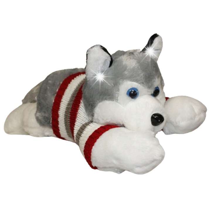 Caine Haski in pulover, jucarie de plus, 65cm, nuante de gri si argintiu