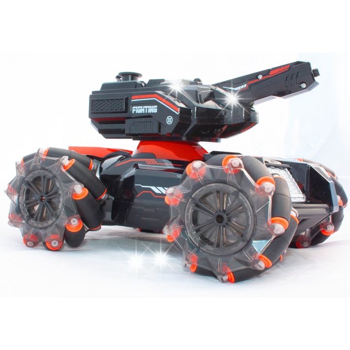 Tanc RC multifunctional Emaj, 360° rotire, negru cu accente albastre, 4x4