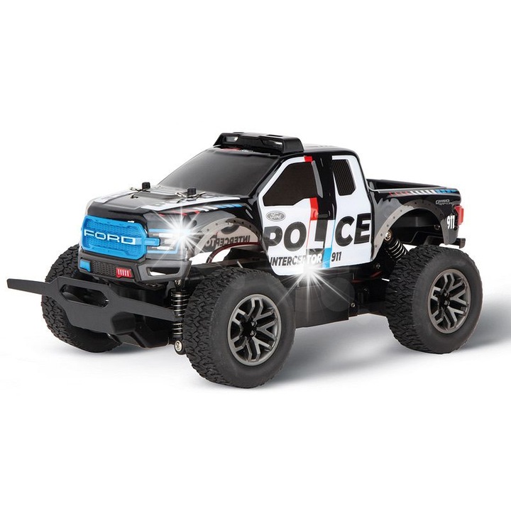 Masinuta RC Carrera Ford F-150 Raptor Policie, 1:18, 2,4 GHz, LED, 26x16x13cm, set cu controler si baterii