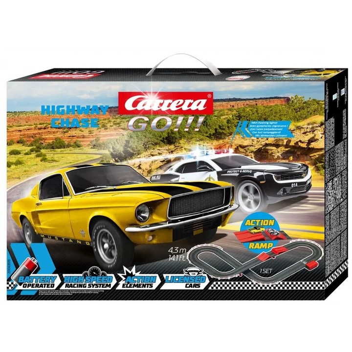 Carrera GO! Highway Chase pályakészlet, Chevrolet Camaro ZL1, Ford Mustang 1967, 4,3m, 147x120cm