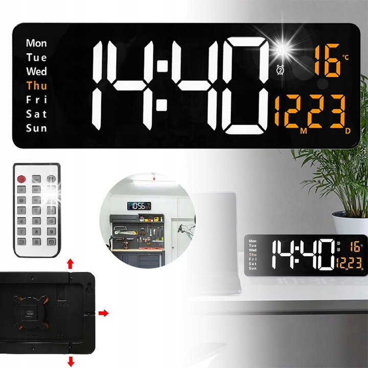 Ceas digital de perete, 38,6x13cm, negru, cu telecomanda, 10 niveluri de luminozitate, functie de memorie