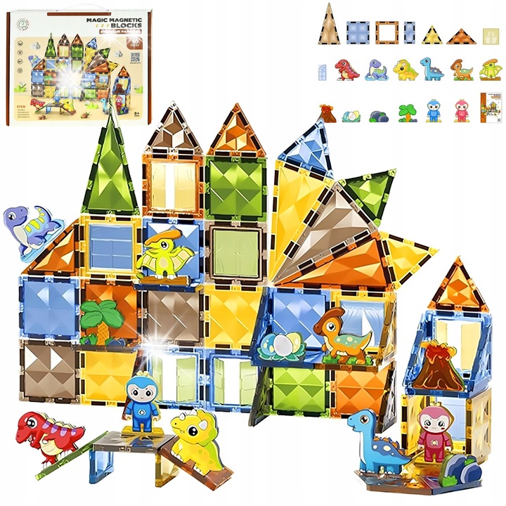 Set de constructie ChRLD Kloce magnetice Dinozauri 90 El, colorat, 6,5x6,5cm