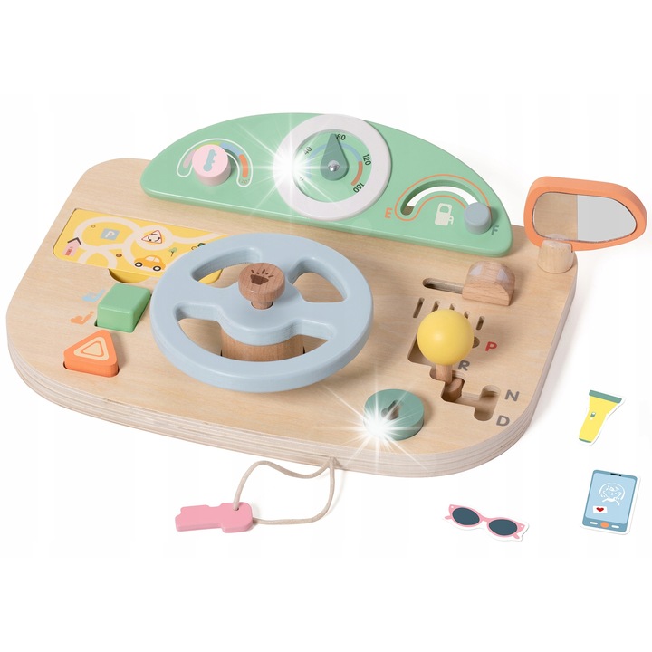 Classic World fa manipulációs tábla, kormánykerék alakú, mozgatható elemek, hangok, 33.6x22.4x7.8cm