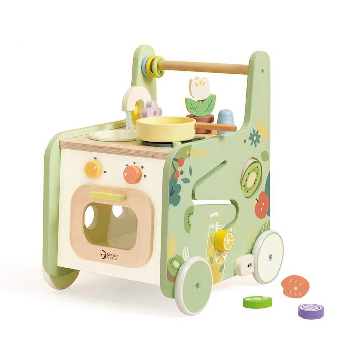 Bucatarie din lemn 2 in 1 cu pusher si cuptor deschis, 15 elemente, Classic World, 32.5x37.5x45.5cm