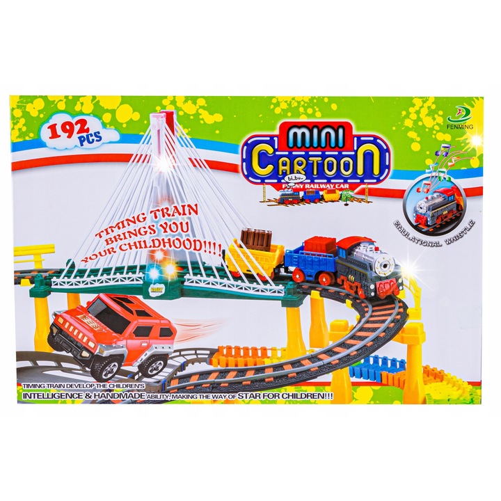 Set trenulete de jucarie, ChRLD, 192 elemente, circuit mare, elestic, multicolor, 89x69x31,5cm