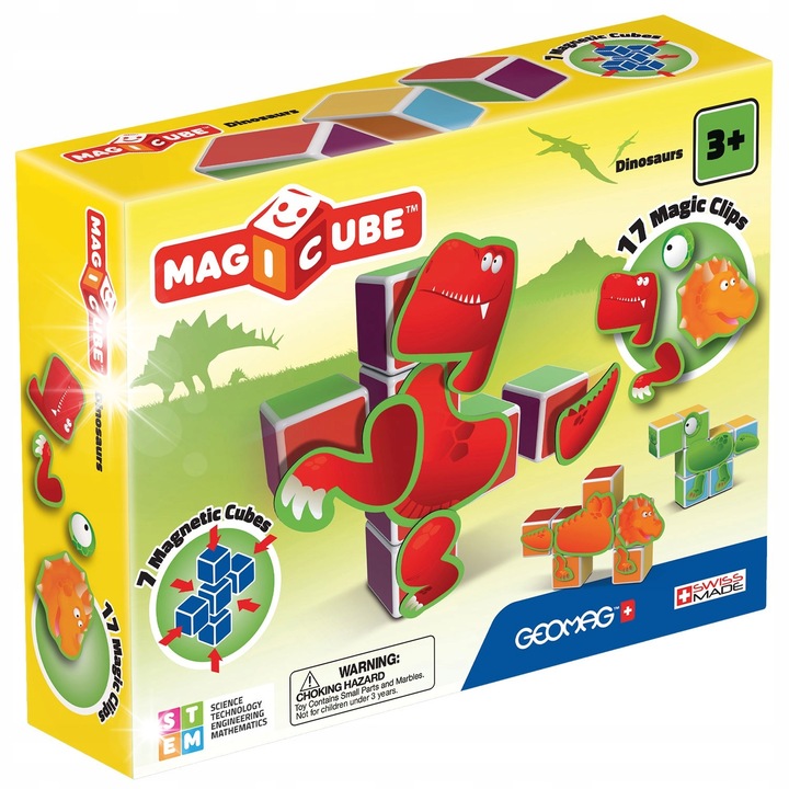 Seturi de constructie Geomag Magicube 7 cuburi magnetice, 17 abtibilduri dinozauri, multicolor