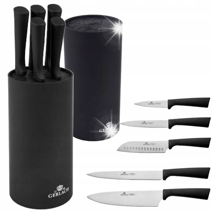 Set 5 cutite Gerlach, bloc negru, otel inoxidabil, manere Soft Touch