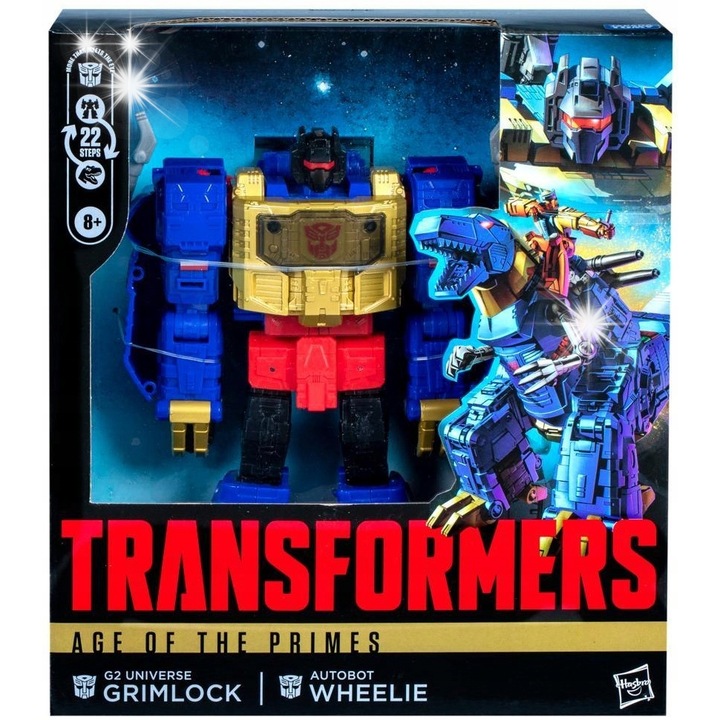 Figurina Transformers G2 Universe Grimlock 19cm, set cu Wheelie, transformare 2-in-1, accesorii blaster
