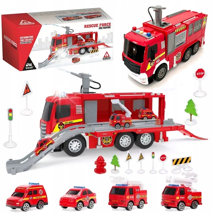 Dax tűzoltóautó, 4 autóval, hang- és fényeffektusokkal, többszínű, 52,5x17x17,5cm