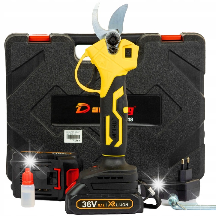 Foarfeca de gradinarit electrica DaoLong, 30mm, 2x acumulator 2000mAh, galben, set complet