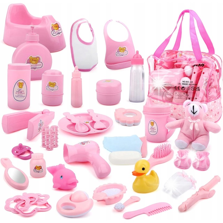 Set 28 accesorii pentru papusi, deAO, torba de transport, roz