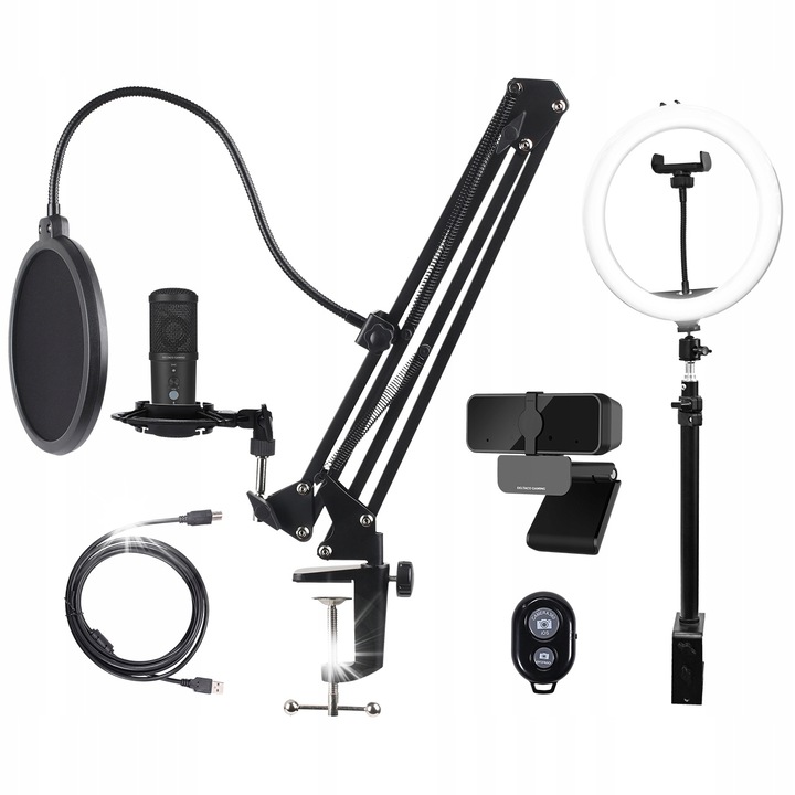 Set de streaming, microfon cu reducere a zgomotului, camera 1080p, inel LED, Deltaco, 1200lm, compatibilitate cu majoritatea computerelor