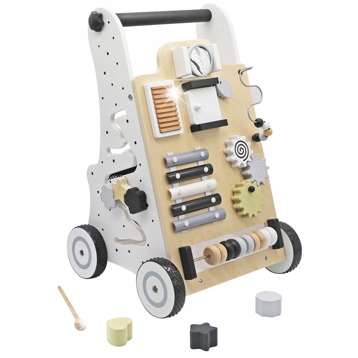 Jucarie impins educationala din lemn Bobo-San, cu sorter si xilofon, 50x33x31cm, multicolor