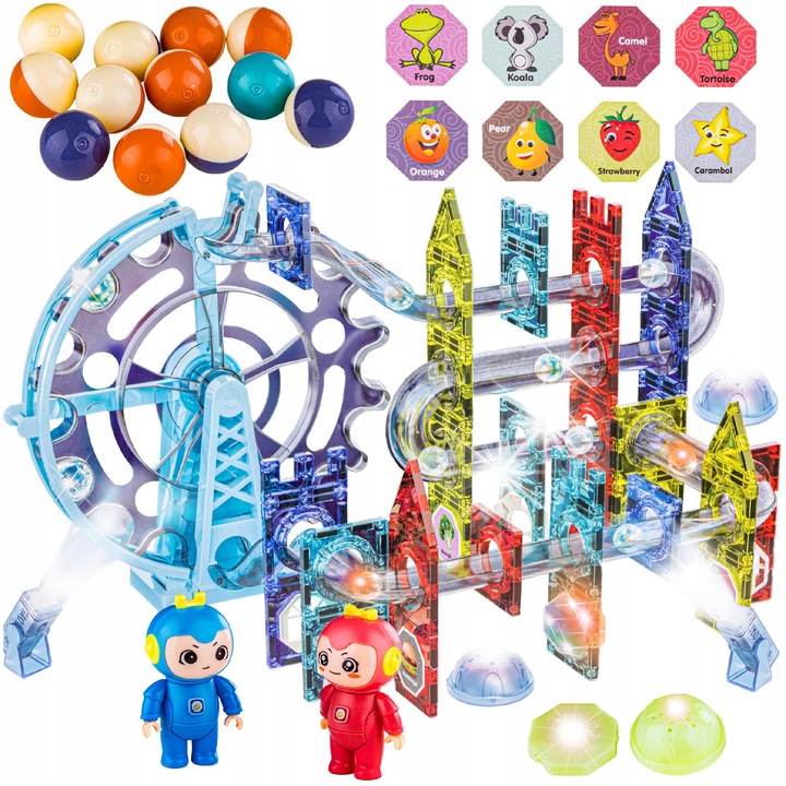 Set de constructie magnetice DK, 120 elemente, cu bile luminoase, dimensiuni 33x31x7,5cm