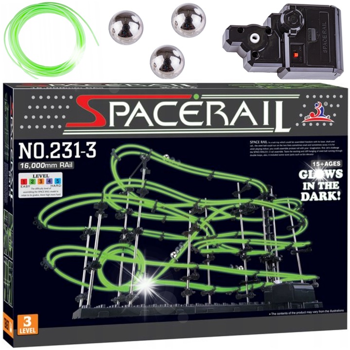 Set de constructie pista interactiva pentru bile, SpaceRail, 16m, 3 bile de otel, dimensiuni 71x20x36cm