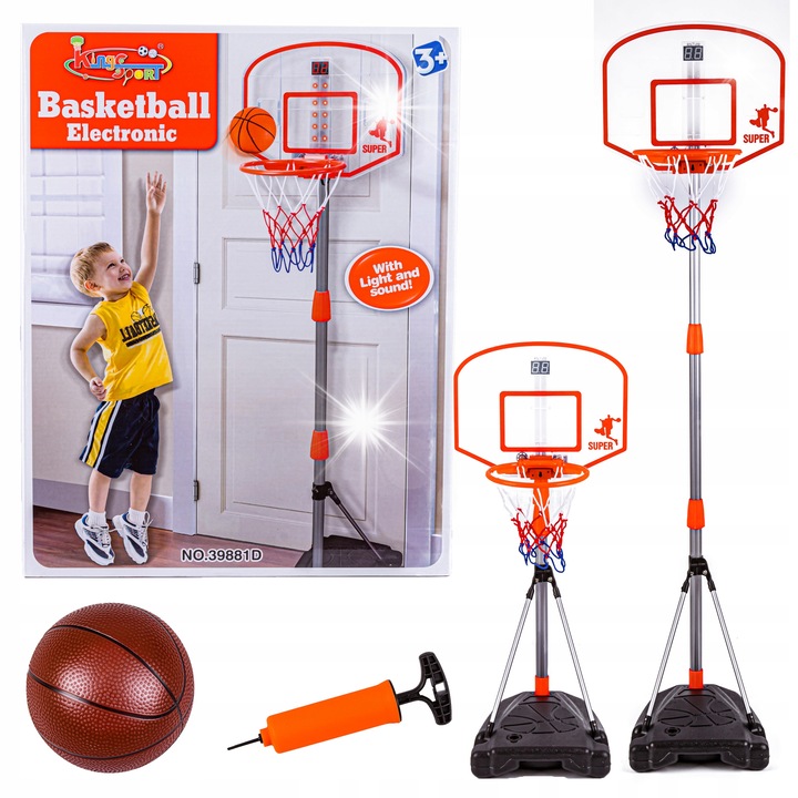 KingSport kosárlabda szett, 40,5x30,5cm-es tábla, állítható magasság 99-140cm, 14cm-es labda, 39cm-es alap
