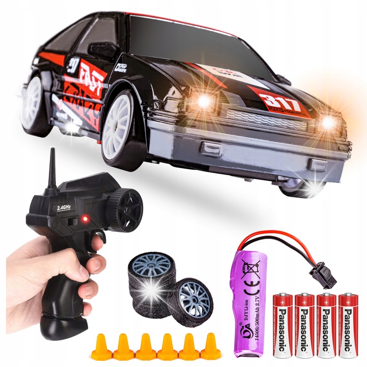 Masina de drift RC 4x4 Toyota AE86, set complet, negru cu accente rosii, 19x8,3x6cm