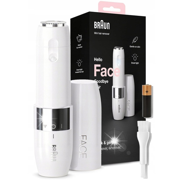 Epilator Braun Face Mini FS1000, alb, cu iluminare Smartlight, dimensiuni compacte, pentru femei, set cu baterie AA si perie de curatare