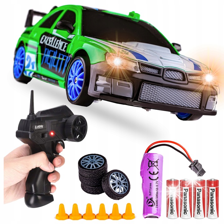 Masinarca cu telecomanda 4x4 DK Subaru Impreza, set 6 conuri, verde cu accente albastre, 19x8,3x6cm