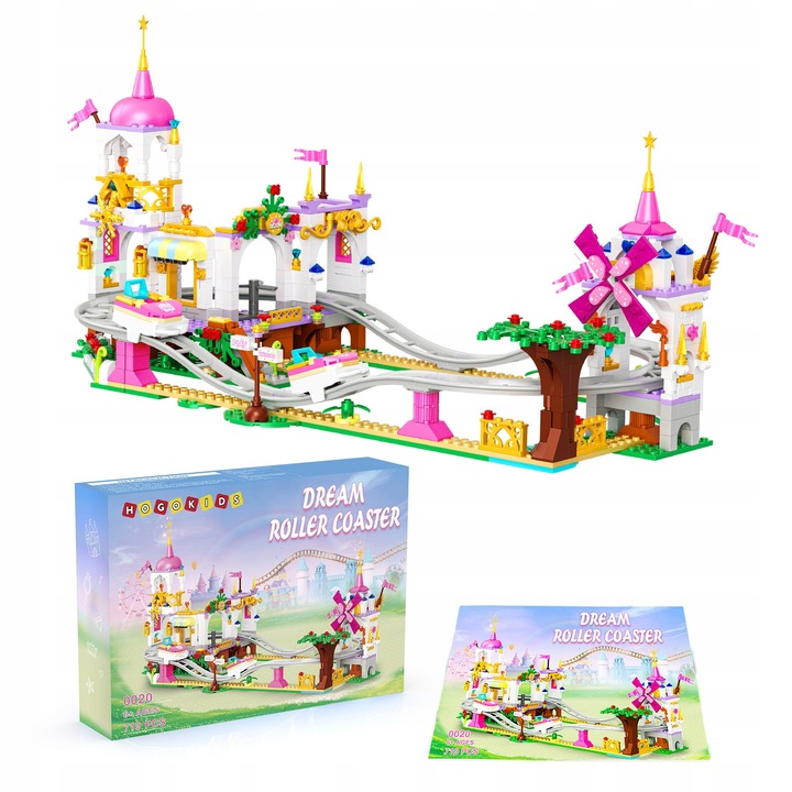 Set de constructie HOGOKIDS, Roller Coaster, 711 elemente, tema parc de distractii, roz, 28,5x25,5x54cm