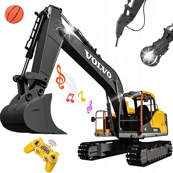 Багер RC Volvo 3в1, 1:16, 61см, Double E, с LED светлини, звуци, сменяеми аксесоари