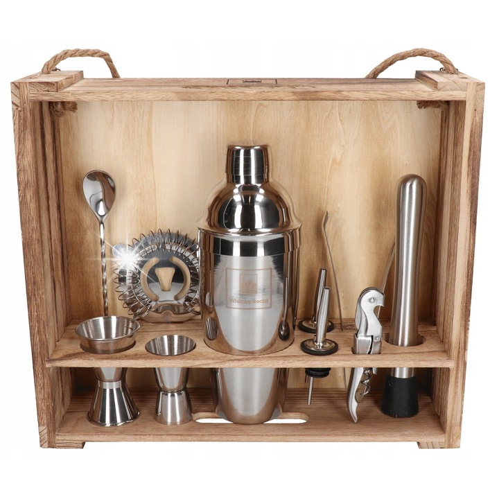 11 darabos bárszett, ezüst, fadobozzal