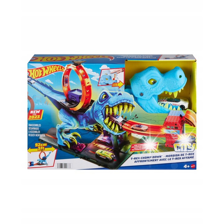 Set Hot Wheels City, circuit T-Rexa cu dinozaur, multicolor, 1:64, pentru copii de la 4 ani