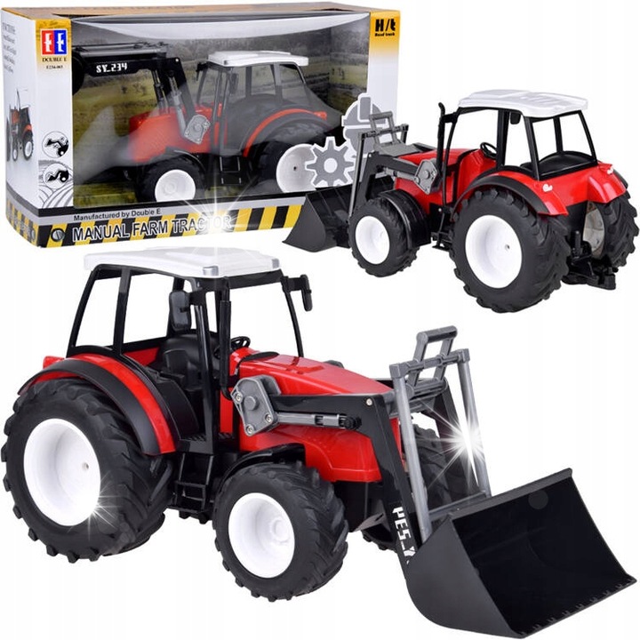 Tractor mare rosu cu brat mobil si roti mari, Double E, 33x17x20cm, set