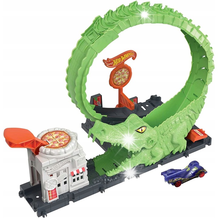 Set Hot Wheels, circuit cu bucla crocodil, 1 autovehicul, multicolor, pentru copii 4-8 ani