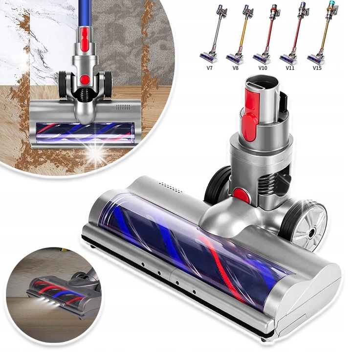 Perie de podea electrica compatibila cu aspiratoare Dyson V7, V8, V10, V11, V15, cu 4 lumini LED, 25,5cm, set