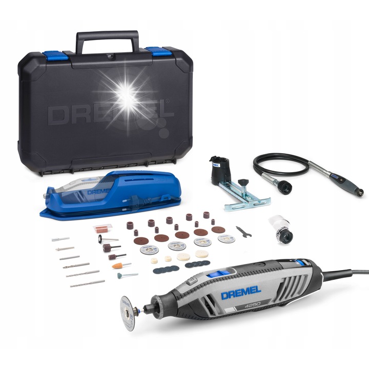 Комплект многофункционални инструменти Dremel 4250, 45 аксесоара, 3 приставки, кутия за съхранение, 175W