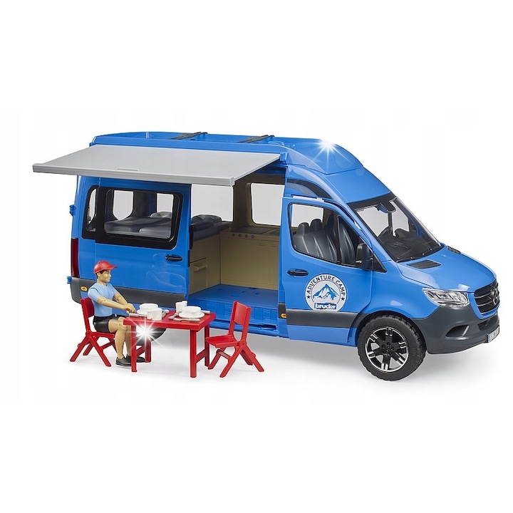 Camper MB Sprinter Bruder, albastru, cu figurina si set de camping