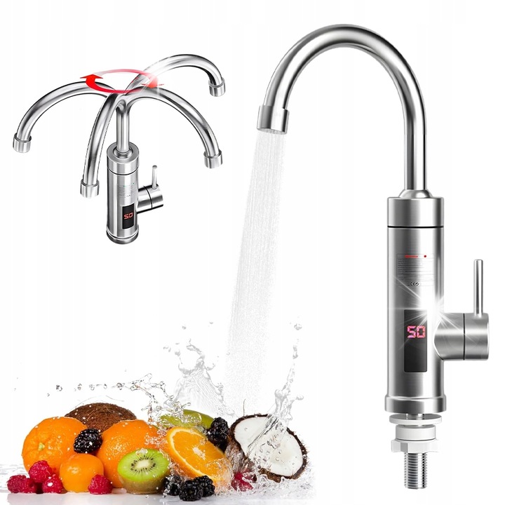 Robinet electric cu incalzire rapida, 3000W, inox 304, display LED, 1,1m, argintiu