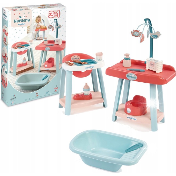 Pelenkázóasztal 3 az 1-ben 14 kiegészítővel 32 cm-es babákhoz, Ecoiffier, többszínű, 54,5x51x53cm