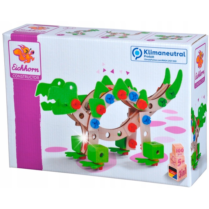 Set de constructie Dinozaur 100 elemente, Eichhorn, Stegozaur, T-Rex, Bronchiozaur, din lemn, 5+ ani