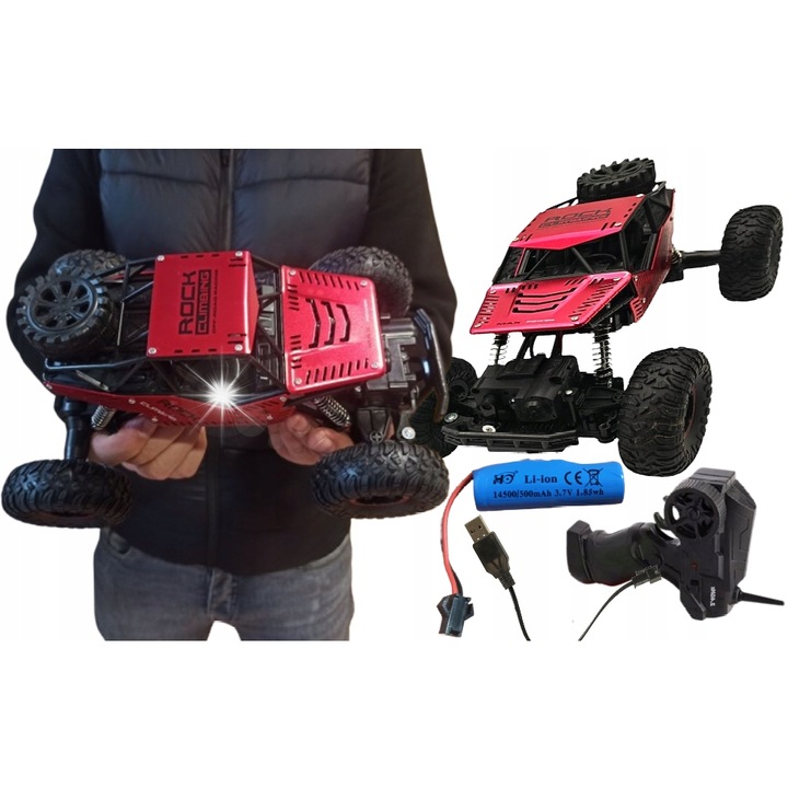 Masinuta Monster Truck OFF-Road, 1:16, 4WD, rosu, 28x19x16cm, set cu telecomanda