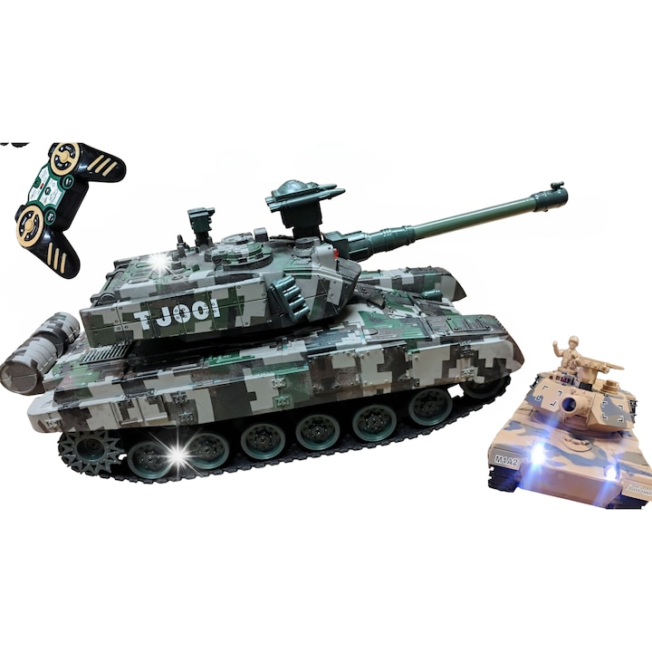 Tanc RC Emaj 33cm, set complet, culoare bej sau verde, cu lufa rotativa si senile din cauciuc