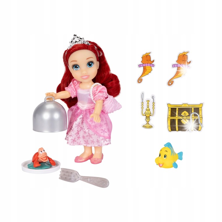 Мини кукла Disney Ариел, 16 см, комплект с аксесоари, розова рокля, фигурки приятели